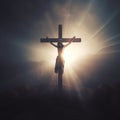 Jesus Christ on the cross in the dark with rays of light