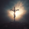 Jesus Christ on the cross in the dark sky. 3d render Royalty Free Stock Photo