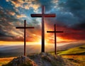 Jesus Christ cross. Easter holiday concept, dramatic light behind three crosses. Christian background, resurrection