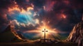 Jesus Christ cross. Easter, resurrection concept. Christian cross on a background with dramatic lighting, colorful mountain sunset