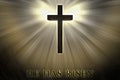 Jesus Christ cross elevated, raised up, shrouded by light and glow and He has risen text written on a stone background.