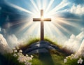 Jesus Christ cross on the hill. Easter holiday concept, Christian background, resurrection