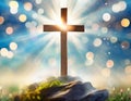 Jesus Christ cross on the hill. Easter holiday concept, Christian background, resurrection Royalty Free Stock Photo