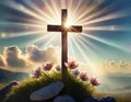 Jesus Christ cross on the hill. Easter holiday concept, Christian background, resurrection Royalty Free Stock Photo