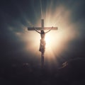 Jesus Christ on the cross with rays of light coming through the clouds Royalty Free Stock Photo