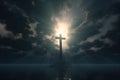 Jesus Christ Cross Standing On A Big Rock In Front Of A Glowing Sky In The Middle Of The Ocean