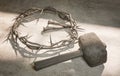 Jesus Christ Crown of Thorns Nails and Hammer 3D Rendering Royalty Free Stock Photo