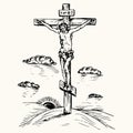 Jesus Christ crucified, Golgotha landscape with dark sun and clouds. Ink black and white doodle drawing Royalty Free Stock Photo