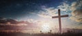 Jesus christ crucifix cross on heaven sunrise concept christmas catholic religion, forgiving christian worship god, happy easter Royalty Free Stock Photo