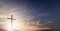 Jesus christ crucifix cross on heaven sunrise concept christmas catholic religion, forgiving christian worship god, happy easter Royalty Free Stock Photo