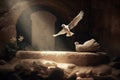 Jesus Christ crucifixion death and resurrection and easter dove flying in a stone tomb created by generative AI