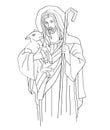 Jesus Christ is the good shepherd, art sketch or drawing