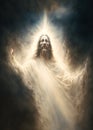 Jesus Christ in Heaven surrounded by clouds and light. Ascension of Christ. Son of God our Lord saviour. AI Generative image