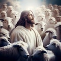 Jesus Christ with herd of sheep in heaven, religion and faith of christianity, bibical story, generative AI