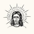Jesus Christ Icon with nimb. Ink black and white doodle drawing