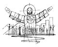 Jesus Christ with open arms and and people illustration Royalty Free Stock Photo