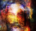 Jesus Christ painting with radiant colorful energy of light in cosmic space, eye contact.