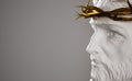 Jesus Christ Porcelain Statue with Gold Crown of Thorns 3D Rendering Side Angle Empty Space