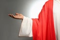 Jesus Christ reaching out his hand on grey background, closeup view Royalty Free Stock Photo