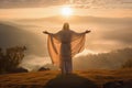 Jesus Christ, rear view, hands raised in prayer against a sunrise sky. Generative Ai Royalty Free Stock Photo