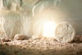 Jesus Christ resurrection. Christian Easter concept. Empty tomb of Jesus with light. Born to Die, Born to Rise. He is Royalty Free Stock Photo