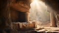 Jesus Christ resurrection. Empty tomb of Jesus with light. Born to die, born to rise. He is not here he is risen. savior, messiah Royalty Free Stock Photo