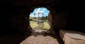 Jesus Christ resurrection and three crosses on the hill from inside the grave Royalty Free Stock Photo