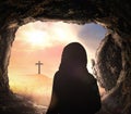 Jesus Christ is risen from tomb with cross Royalty Free Stock Photo