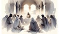 Jesus Christ\'s Last Discourse and Prayer. Passion Thursday. Watercolor Biblical Illustration Royalty Free Stock Photo