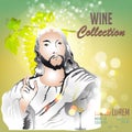 Jesus Christ, son of God and glass wine. Vector decorative grape vine elements Royalty Free Stock Photo