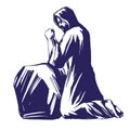 Jesus Christ, the Son of God praying in the garden of Gethsemane, symbol of Christianity vector illustration sketch