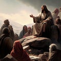 Jesus Christ talking to a group of believers in the desert, religion and faith of christianity, bibical story