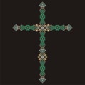 Jesus Christ. Vintage beautiful ornate Christian Cross from brilliant stones, emerald and gold.