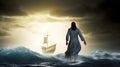 Jesus Christ walking on water across the sea towards a boat