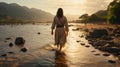 Jesus Christ walking on water on the sea of Galile back. Generative AI. Royalty Free Stock Photo