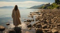 Jesus Christ walking on water on the sea of Galile back. Generative AI. Royalty Free Stock Photo