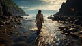 Jesus Christ walking on water on the sea of Galile back. Generative AI. Royalty Free Stock Photo