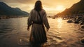 Jesus Christ walking on water on the sea of Galile back. Generative AI. Royalty Free Stock Photo