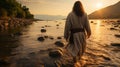 Jesus Christ walking on water on the sea of Galile back. Generative AI. Royalty Free Stock Photo