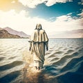 Jesus Christ walking on water on the sea of Galile, generative AI Royalty Free Stock Photo