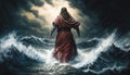 Jesus Christ walks on water in a raging sea, a miracle, symbol of Christianity, art painting, generative ai