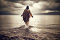 Jesus Christ walks on the water of the Sea of Galilee. Biblical story.