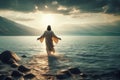 Jesus Christ walks on the water of the Sea of Galilee. Biblical story.
