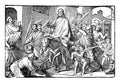 Jesus Comes to Jerusalem on Donkey Triumphal as King. Bible, New testament. Vintage Antique Drawing