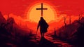 Jesus and cross on Golgotha hill, red sky, sunset, dawn, christ, generative AI Royalty Free Stock Photo