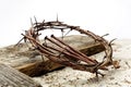 Jesus Crown Thorns and nails and cross on sand. Vintage Retro Style.