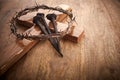 Jesus Crown Thorns and nails on Old and Grunge Background. Royalty Free Stock Photo