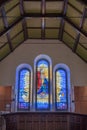 Jesus crowns Mary in stained glass window, Galway, Ireland.