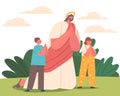 Jesus And Cute Little Children Characters Praying On A Serene Summer Meadow, Embracing Faith, Love, Vector Illustration