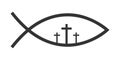 Jesus fish Bible symbol with three crucifixions isolated on white background. Ichthys icon. Secret shibboleth in